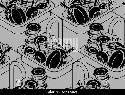 Dirty dishes in sink pattern seamless. Mountain of dirty plates and pots background Stock Vector