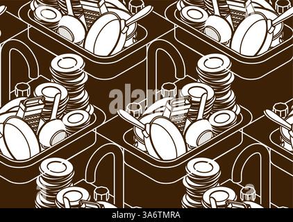 Dirty dishes in sink pattern seamless. Mountain of dirty plates and pots background Stock Vector