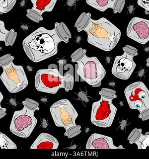 Alchemical pattern seamlesst. Witches' potions background. Pickled body parts. Horrible experiments texture. Stock Vector