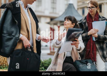 Three Businesswomen Collaborating on a Project Outdoors in a Professional Setting Stock Photo
