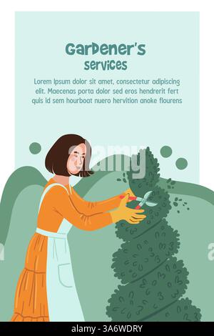 Vertical banner offering a gardening service. Woman trimming a thuja tree. . Vector illustration Stock Vector