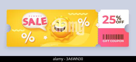 25 per cent off sale voucher coupon with 3d sun. Stock Vector