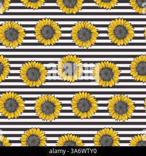 Hipster pattern with sunflowers on striped black Stock Vector