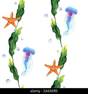 Seamless pattern with jellyfish, starfish, seaweed, watercolor illustration on an isolated white background. For textile, fabric, design, cards, poste Stock Photo