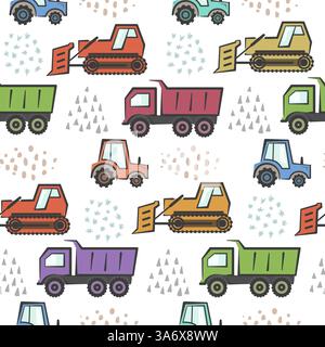 Cute kids pattern with cartoon dozer, tractor Stock Vector