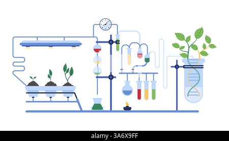 Genetic and chemical research for agriculture, innovation biotechnology experiment in laboratory. Green plant growing in test tube from DNA molecule using lab equipment cartoon vector illustration Stock Vector