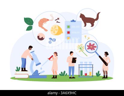 Allergy diagnosis on medical examination. Tiny people study different types of allergens with magnifying glass, seasonal allergy on flower pollen, pets and food products cartoon vector illustration Stock Vector