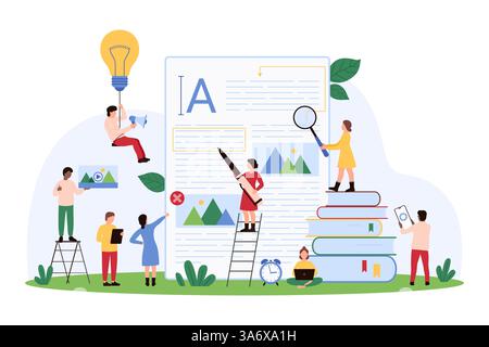 Blog content creation, copywriting, storytelling. Tiny people writing creative text of article with pen, work on marketing promotion with megaphone and light bulb idea cartoon vector illustration Stock Vector