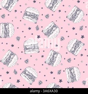 Cute pattern with white burgers on pink background Stock Vector