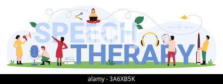 Awareness of pathology of development, pronunciation and speaking, treatment by pathologists. Speech therapy banner design with tiny people, headphones, microphone cartoon vector illustration Stock Vector