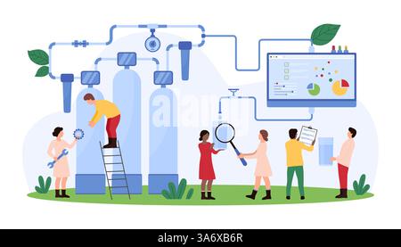 Analysis of water purification quality, filtration with nanotechnology. Tiny people with magnifying glass research filter reports on computer screen, drinking from glass cartoon vector illustration Stock Vector