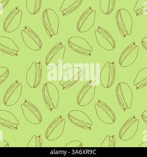 Seamless pattern of pistachio nuts, golden outline of nuts on bright green background, hand drawn sketch. Vector illustration Stock Vector
