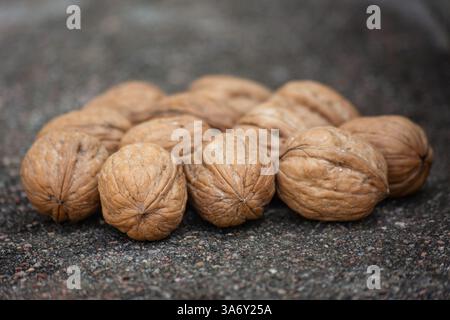 Dry walnuts on cement background Stock Photo