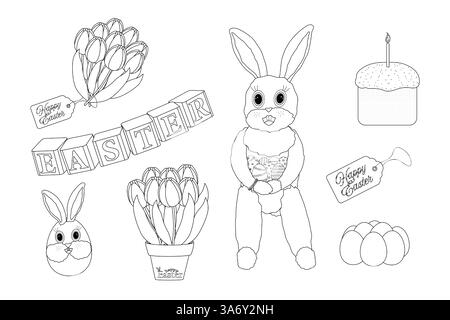 Black and white set illustration with a Easter bunny, tulips, decorated Easter eggs, Easter cake, and - Happy Easter - text. Ideal for coloring page. Stock Vector