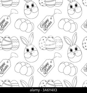 Black and white seamless pattern featuring anthropomorphic Easter bunny, decorated Easter eggs, - Happy Easter - tags, and festive elements. Stock Vector