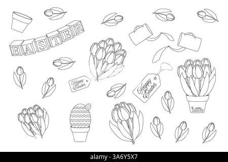 Easter set featuring tulips, gift tags, decorative eggs, and Happy Easter elements in black and white. Coloring Page for kids. Stock Vector