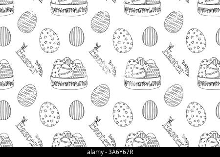 Black and white seamless pattern with Easter eggs in a basket and - Happy Easter - text. Perfect for coloring page, kids, crafts, and festive holiday. Stock Vector