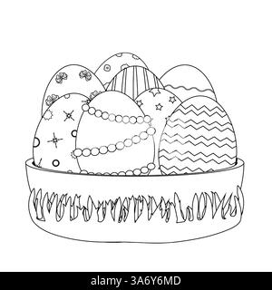 Hand drawn Easter basket filled with intricately decorated eggs featuring patterns, beads, and floral designs. Coloring Page for kids. Stock Vector
