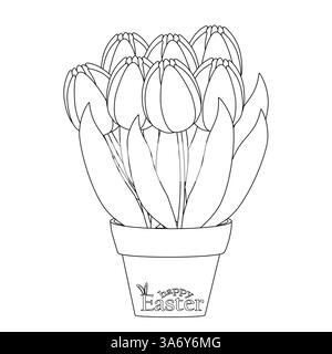 Black and white Easter-themed coloring page featuring a potted tulip bouquet with - Happy Easter - text on the pot. Stock Vector