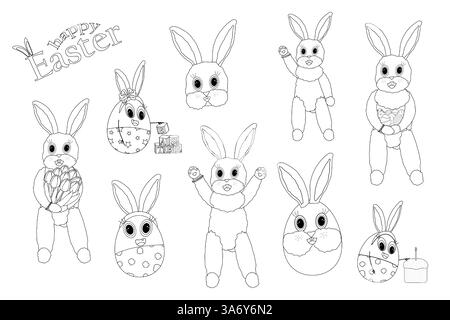 Adorable Easter bunny and eggs characters coloring page set with cute festive designs, tulips, easter cake. Perfect for coloring page, kids crafts. Stock Vector