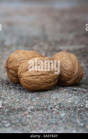 Dry walnuts on cement background Stock Photo