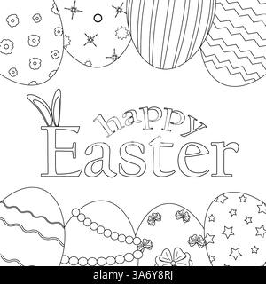 Easter coloring page featuring - Happy Easter - text with bunny ears and decorated eggs. Fun printable for kids, holiday crafts, seasonal activities. Stock Vector