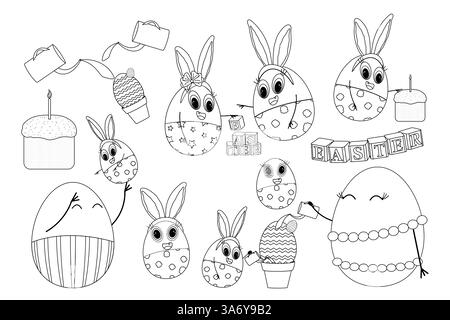 Black and white Easter coloring page featuring set bunny-eggs, holiday decorations, Easter cake, and playful activities. Stock Vector