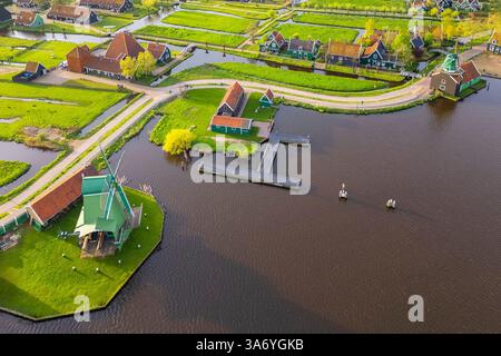 Aerial view of the typical windmills of Zaanse Schans on the river Zaan in spring. Zaanse Schans, North Holland, Zaanstad municipality, The Netherland Stock Photo