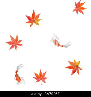 Seamless pattern with maple leaves and Coi carp. Hand-drawn watercolor illustration on white background. For wrapping paper, textile, wallpaper, packa Stock Photo
