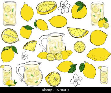 Lemon and lemonade set. vector graphic line ink yellow colored isolated on white background. illustration for package, kitchen design, fabric and text Stock Vector