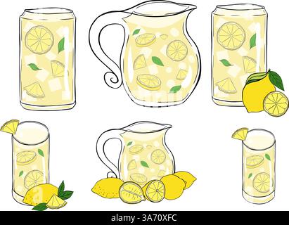 Lemonade with fruit slices isolated set. Fresh citrus, half sliced lemons and chopped lemon. Graphic line ink vector illustration icons set on white F Stock Vector
