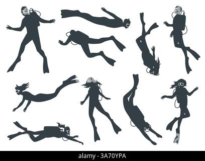 Underwater swimmers silhouettes. People with diving equipment masks and snorkels in different poses. Extreme activity on vacations. Undersea Stock Vector