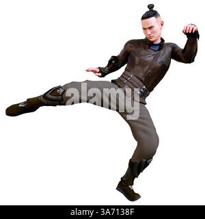 3D rendering of a young Asian man in traditional clothes exercising ...