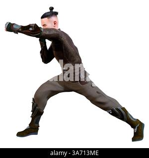3D rendering of a young Asian man in traditional clothes exercising ...