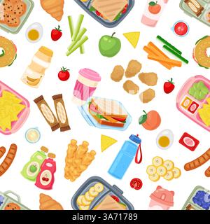 Lunch boxes seamless pattern. Kids school food, plastic containers, sandwiches, vegetables and fruits, children snack. Textile, wrapping, wallpaper Stock Vector