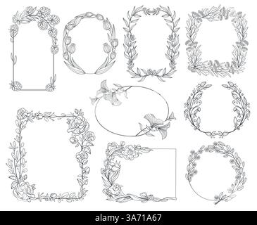 Elegant hand-drawn floral frame, arranged symmetrically on a clean ...