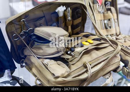 Army first aid kit, military paramedic backpack close-up Stock Photo