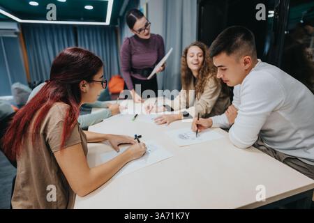 Young students collaborating on a group project in a modern classroom Stock Photo