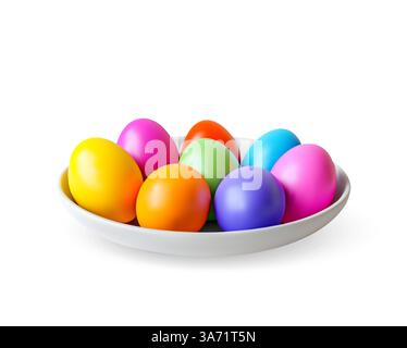 3d colorful easter eggs in plate isolated on white Stock Vector