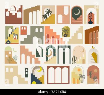 Abstract architecture, buildings, stairs. Minimalist moroccan city ...