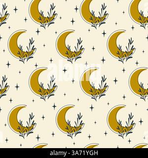 Seamless pattern with celestial moon phases. Half moon and stars, mystic herbal simple shapes on beige background. Design layout for banners, textile, Stock Vector