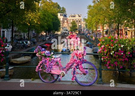 Amsterdam, Netherlands – September 19, 2024 - Vintage Flower Decorated Bicycle Amsterdam. Old vintage bicycle decorated with pink flowers. Stock Photo