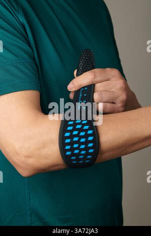 Sports arm injury, black man massage exercise pain and emergency. First ...