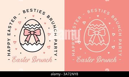 Easter brunch besties girls party pink printable invitation card preppy coquette kawaii aesthetic cute egg with bow ribbon girly theme shirt design. Stock Vector