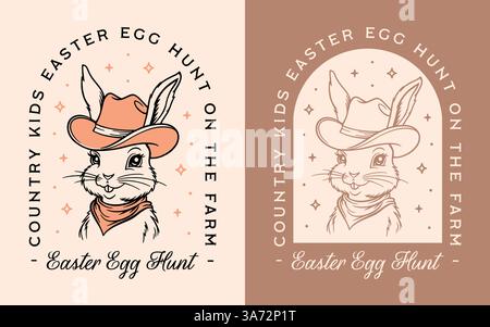 Easter egg hunt on the farm country cowboy hat bunny funny printable invitation card shirt design cute animal western vintage aesthetic illustration. Stock Vector