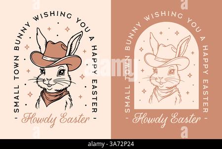 Happy Easter howdy bunny funny wishes greeting card cowboy hat country western theme cottagecore small town retro brown aesthetic shirt design. Stock Vector