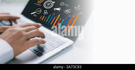 Human analyzing business Enterprise data management, Marketing Social media, business analytics with chart, Metrics and KPIs to improve organizational Stock Photo