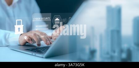 Cybersecurity and privacy concepts to protect data, Data protection, Human use computer with cyber security technology for protecting personal data an Stock Photo