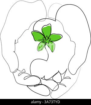 Human hands holding a green flower growing in the soil continuous line drawing. Ecology concept drawn in trendy one line art style. Vector illustratio Stock Vector