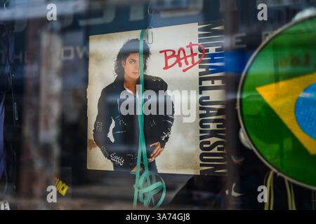 Michael Jackson´s Bad album in store display window Stock Photo